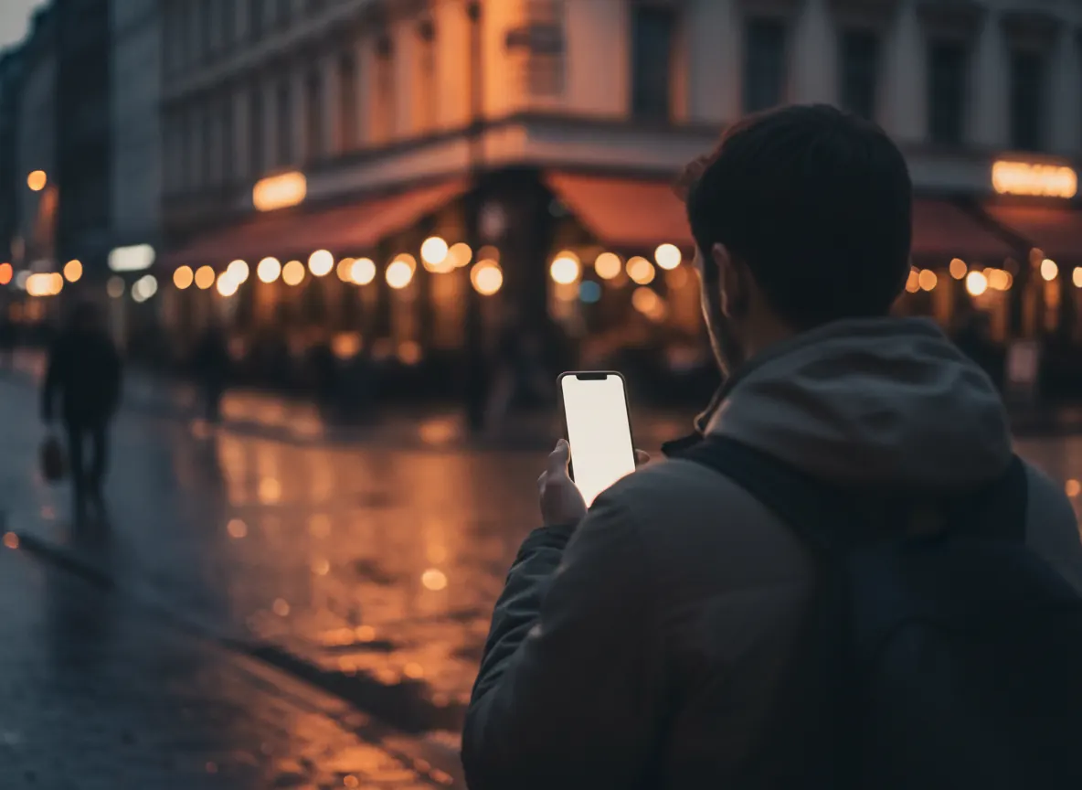 A person searching on their phone on a street at dusk