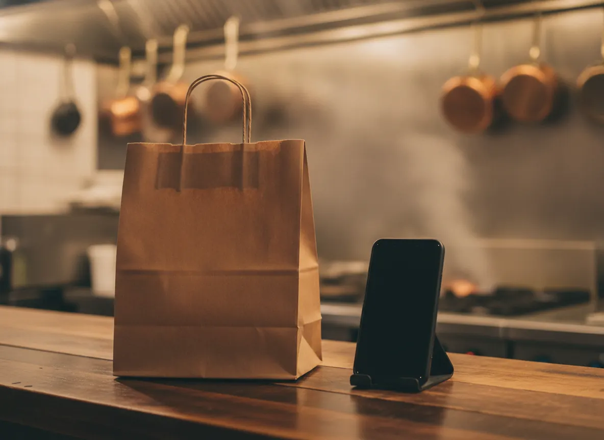 A restaurant counter with a takeout bag and a phone on a stand